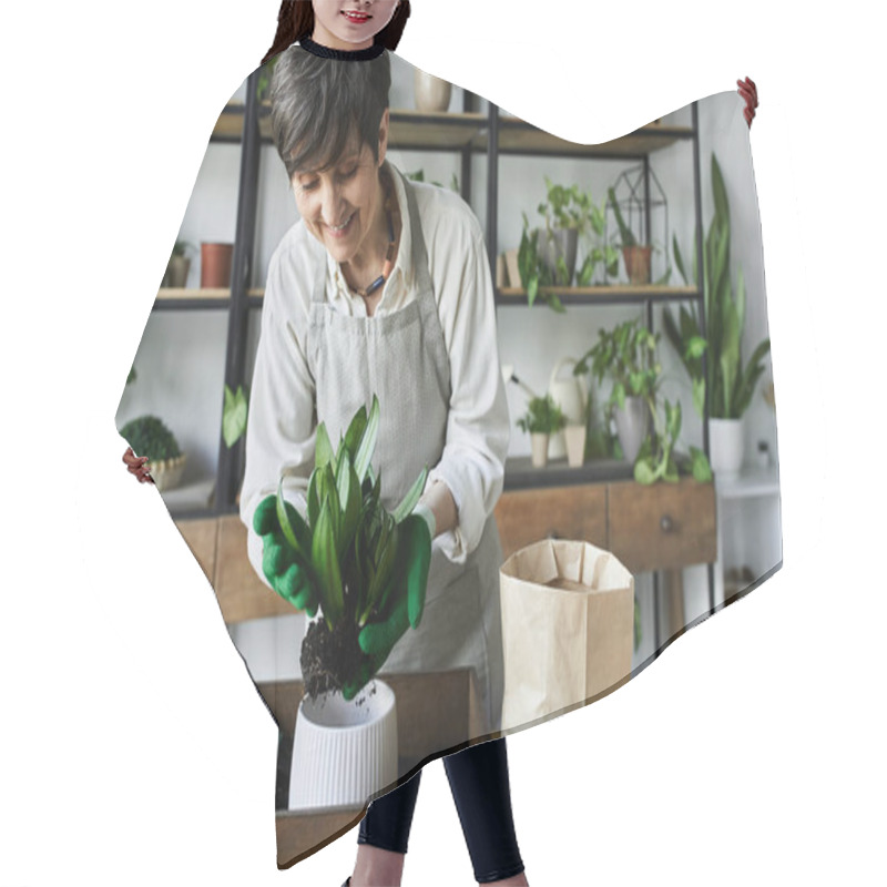 Personality  A Gardener Joyfully Cares For Her Green Plants Indoors. Hair Cutting Cape