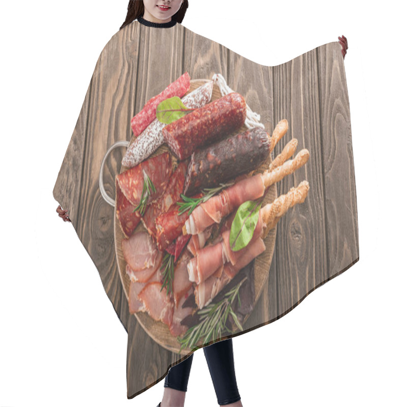 Personality  Top View Of Delicious Meat Platter Served With Rosemary And Breadsticks On Wooden Board Hair Cutting Cape