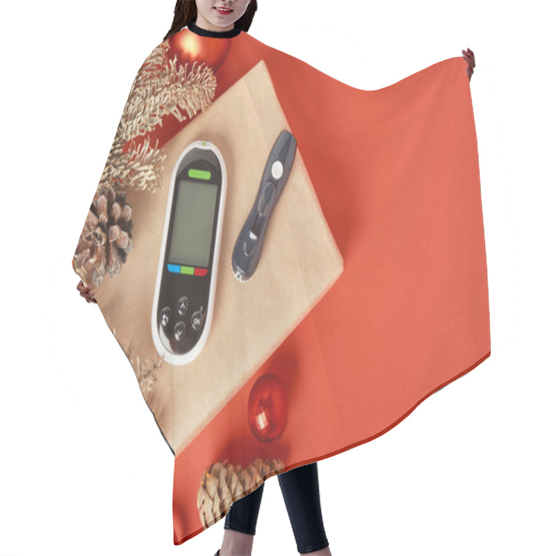 Personality  Glucose Meter On A Gift Box, Christmas And New Year Gifts For Diabetics, Glucose Meter As A Gift, Red Background Copy Space Hair Cutting Cape