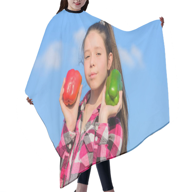 Personality  Kid Girl Hold Red And Green Peppers Sky Background. Child Presenting Kinds Of Pepper. Kid Hold Ripe Pepper Harvest. Fall Harvest Homegrown Vegetables. Vegetarian Concept. Which Pepper Would You Pick Hair Cutting Cape