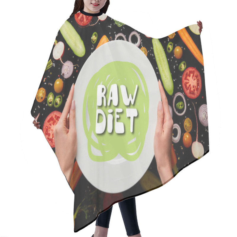 Personality  Cropped View Of Woman Holding Round Plate With Raw Diet Illustration On Vegetable Pattern Background Isolated On Black Hair Cutting Cape