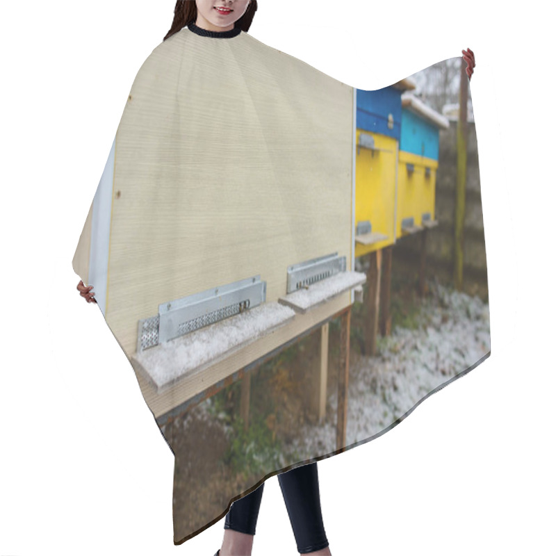 Personality  Bee Hives Covered With Snow In A Garden, Horizontal Shot. Hair Cutting Cape