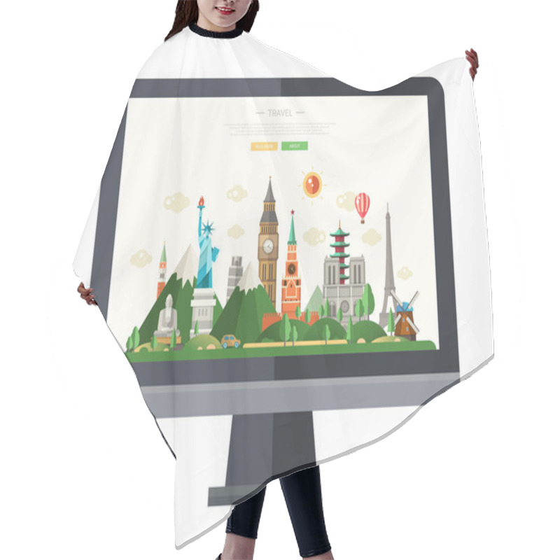 Personality  Flat Design Illustration With World Famous Landmarks On A Display Hair Cutting Cape