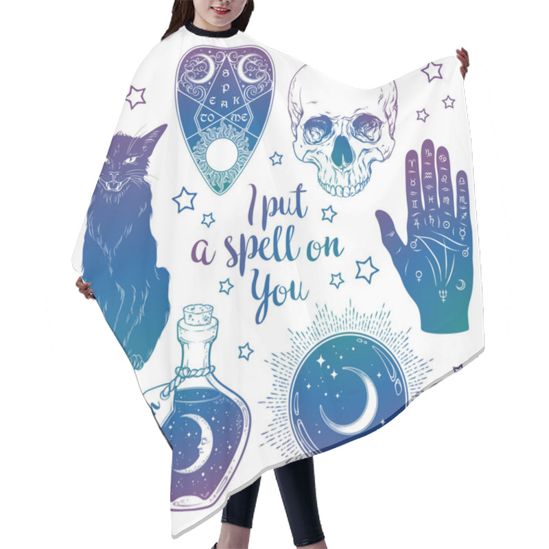 Personality  Magic Set - Planchette, Skull, Palmistry Hand, Crystal Ball, Bottle And Black Cat Hand Drawn Art Isolated. Ink Style Boho Chic Sticker, Patch, Flash Tattoo Or Print Design Vector Illustration Hair Cutting Cape