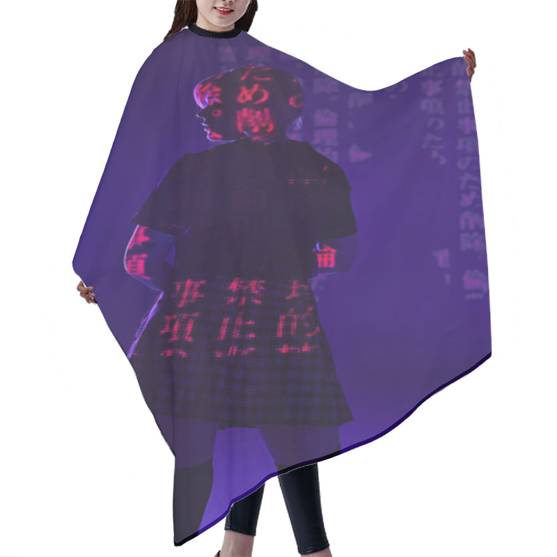 Personality  Back View Of Anime Woman In School Uniform In Hieroglyphs Projection On Blue Neon Light, Subculture Hair Cutting Cape