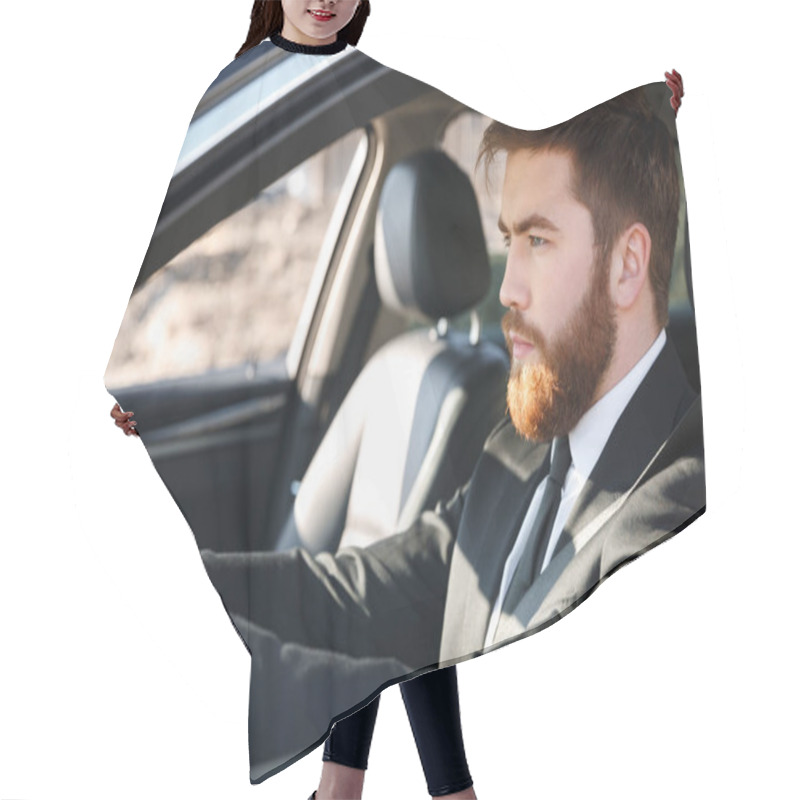 Personality  Close Up Portrait Of Serious Business Man Driving Car Hair Cutting Cape