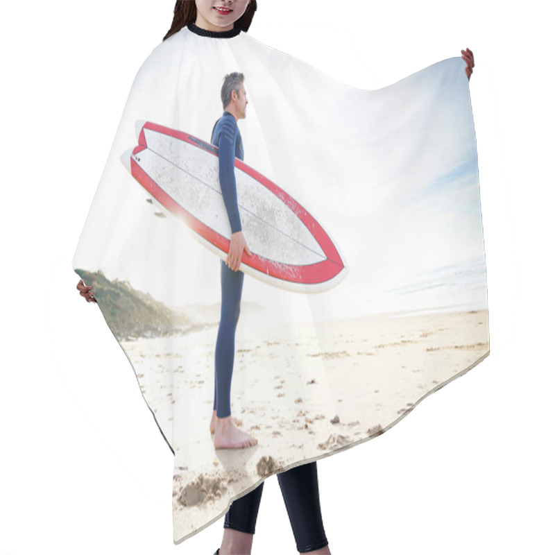 Personality  Surfer On The Beach Holding Surfboard Hair Cutting Cape