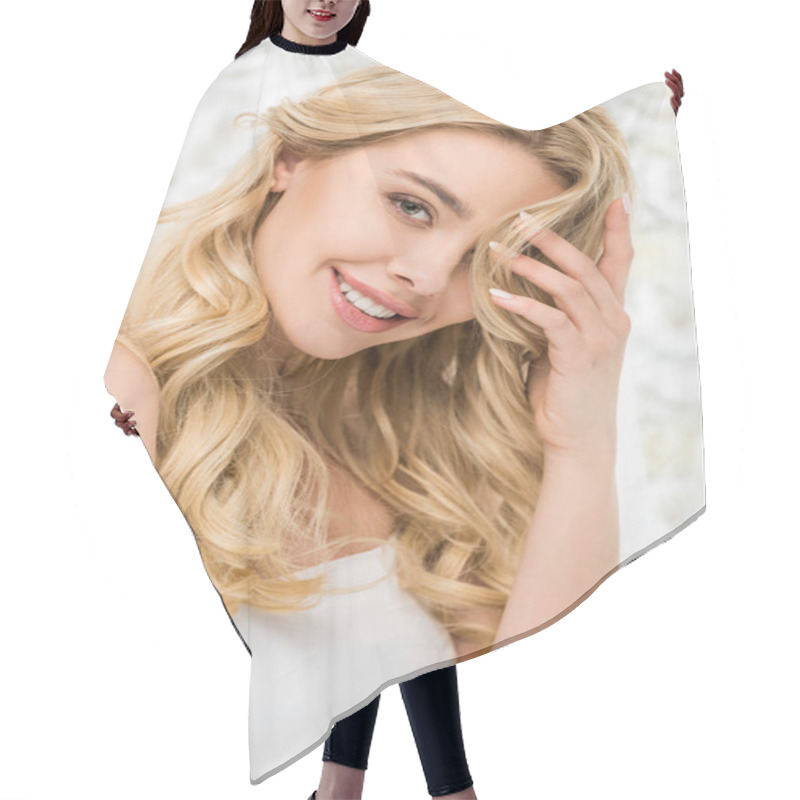 Personality  Smiling Attractive Girl With Blonde Hair Posing At Camera On White Floral Background Hair Cutting Cape