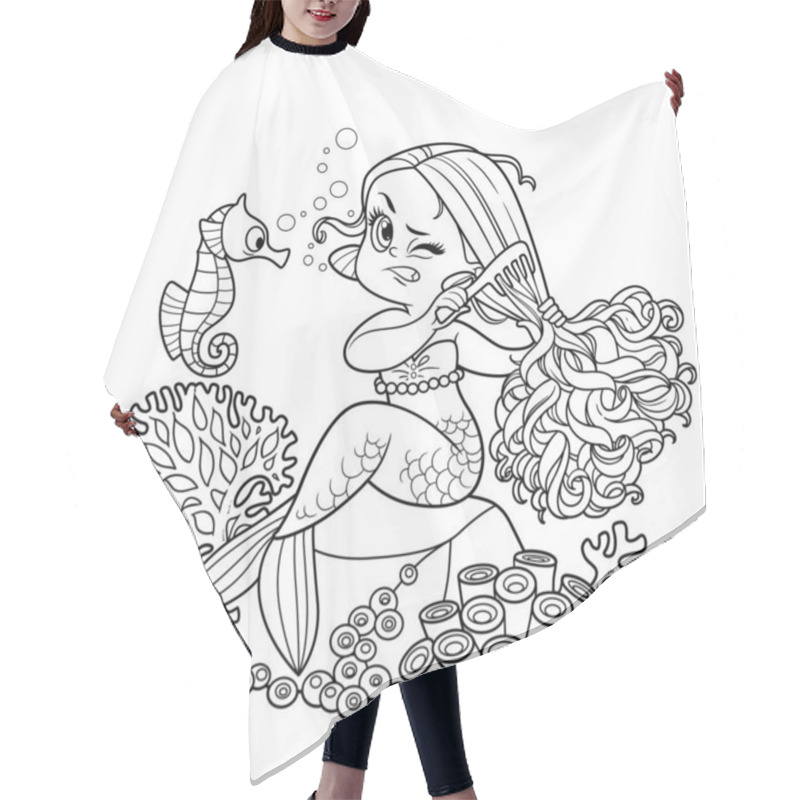 Personality  Cute Little Mermaid Girl Sitting On A Stone And Combing Tangled Hair With A Comb Outlined For Coloring Page Isolated On White Background Hair Cutting Cape