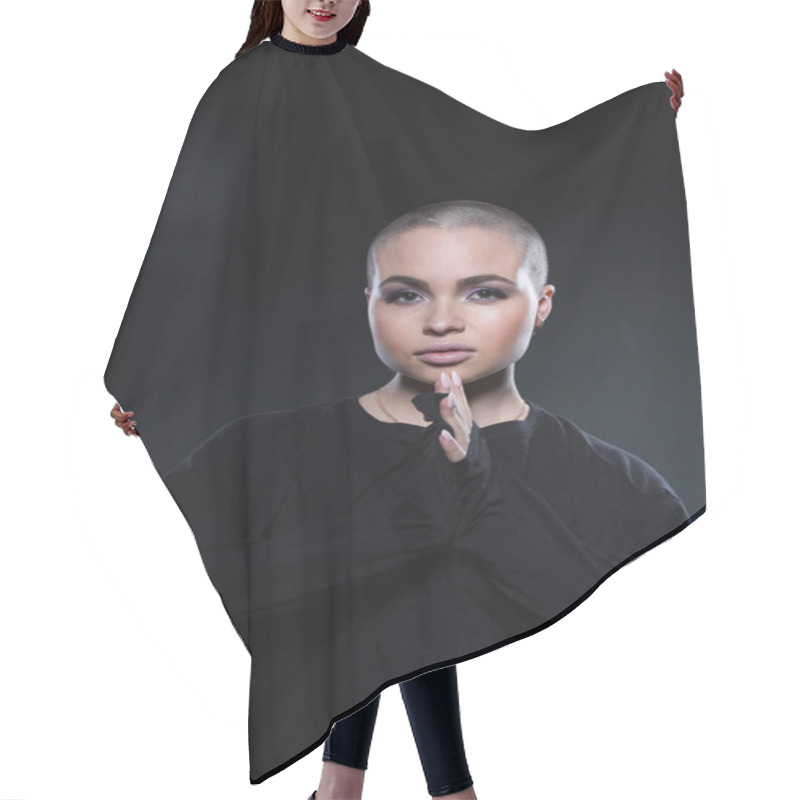 Personality  Sensual Young Model In Black Hair Cutting Cape