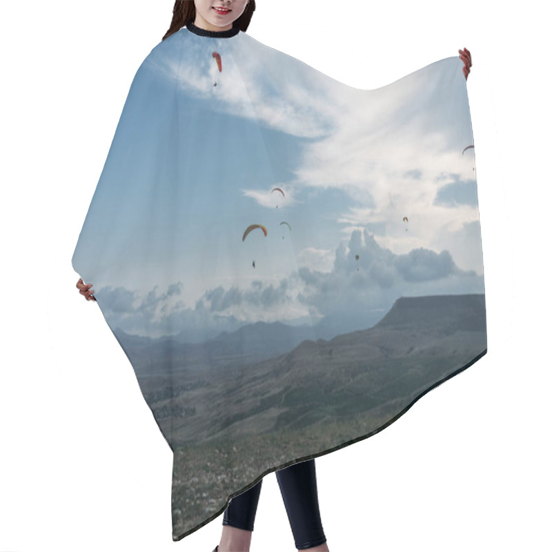 Personality  Parachutists Gliding In Blue Sky Over Scenic Landscape Of Crimea, Ukraine, May 2013 Hair Cutting Cape