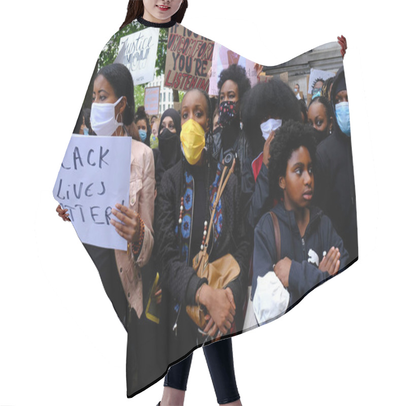 Personality  Protesters Hold Placards As They Gather In Central Brussels During The Black Lives Matter Protest Rally, Sunday, June 7, 2020.  Hair Cutting Cape