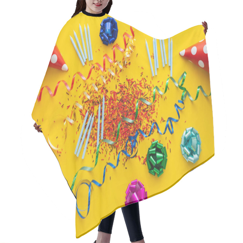 Personality  Top View Of Festive Candles Near Gift Bows And Sprinkles On Yellow Background  Hair Cutting Cape