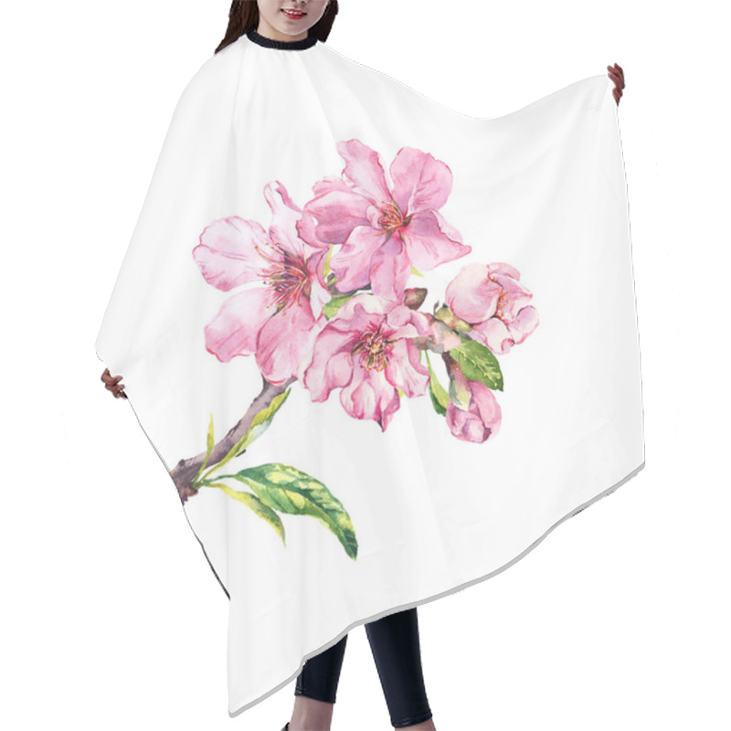 Personality  Cherry Flowering Branch. Cherry, Sakura, Almond Flowers, Apple Blossom. Spring Floral Twig, Water Color Hair Cutting Cape