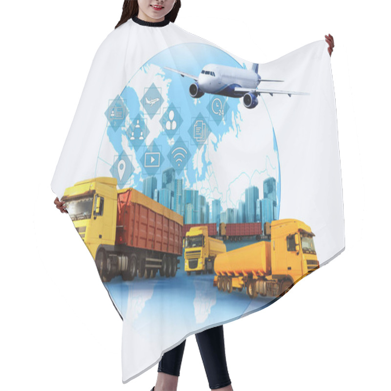 Personality  Logistics Concept. Multiple Exposure Of Different Transports And World Globe  Hair Cutting Cape