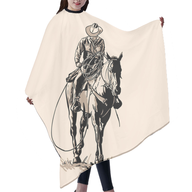 Personality  American Cowboy Riding Horse And Throwing Lasso.  Hair Cutting Cape