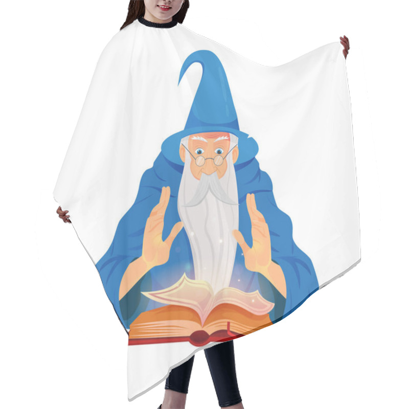 Personality  Wizard And Reading Spell Boo On White Background. Warlock, Sorcerer, Old Beard Man In Blue Wizards Robe, Hat. Hair Cutting Cape