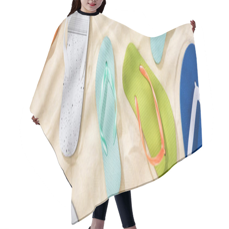 Personality  Panoramic Shot Of Scattered White, Turquoise, Green And Blue Flip Flops On Sand Hair Cutting Cape