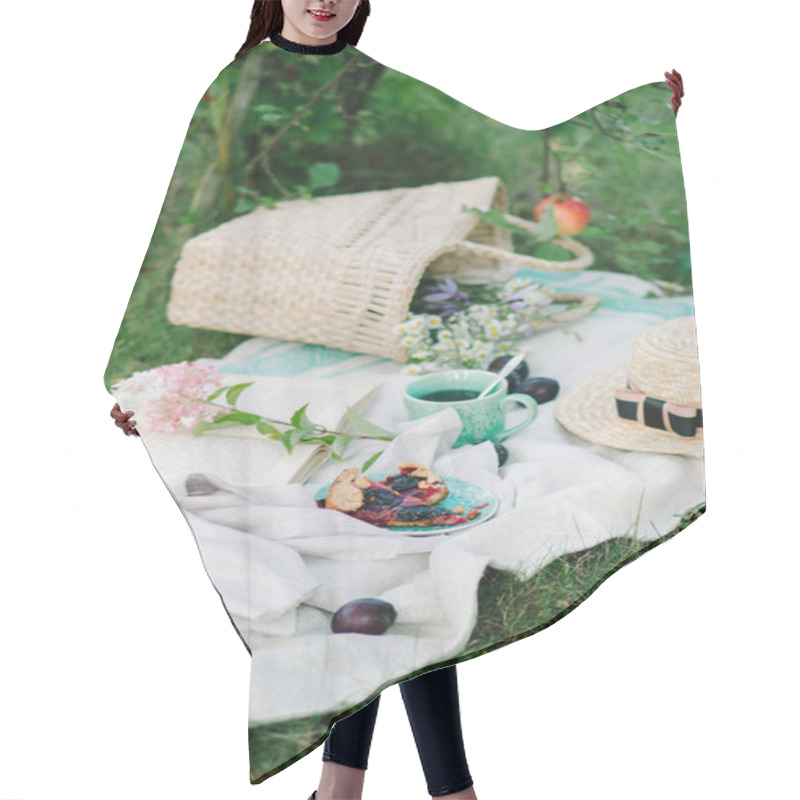 Personality  Picnic Wicker Basket With Food On On The Grass. Picnic Concept. Hair Cutting Cape