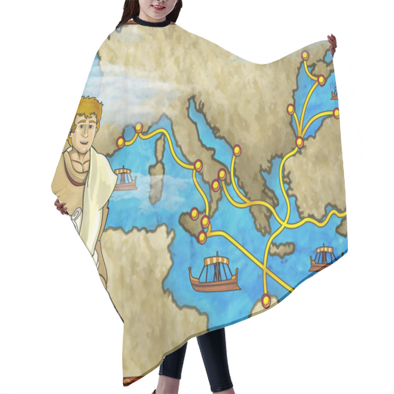 Personality  Cartoon Scene With Greek Or Roman Character Or Trader Merchant On The Map Of Mediterranean Sea Illustration For Children Hair Cutting Cape