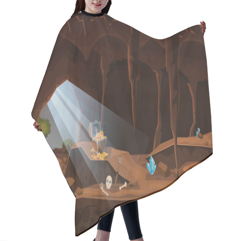 Personality  Treasure Cave With Chest Gold Coins, Gems. Concept, Art For Computer Game. Background Image To Use Games, Apps, Banners, Graphics. Vector Cartoon Illustration Hair Cutting Cape