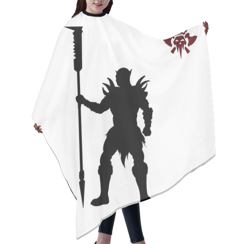 Personality  Black Silhouette Of Orc With Spear On Background. Fantasy Character. Angry Warrior With Weapon. Barbarian Tattoo Hair Cutting Cape