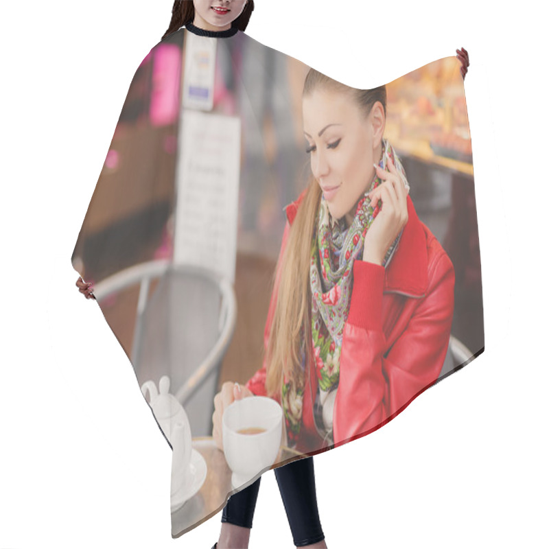 Personality  Woman Model With A Cup Of Hot Drink. Hair Cutting Cape