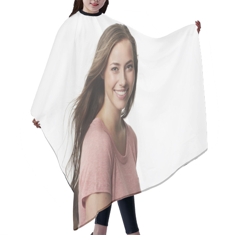 Personality  Young Woman Smiling Hair Cutting Cape