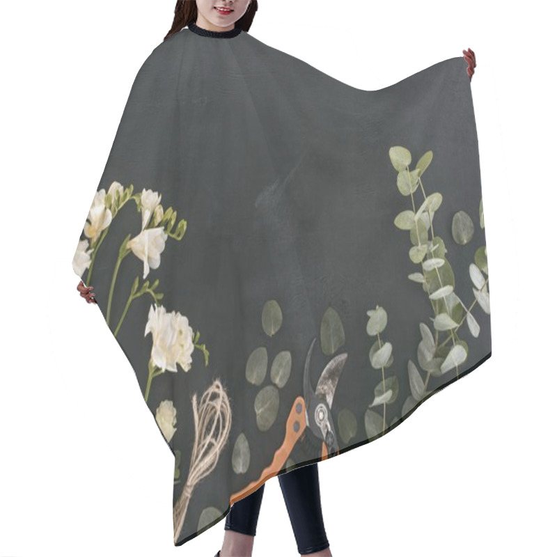 Personality  Top View Of Eustoma Flowers With Eucalyptus Leaves And Garden Shears Over Black Background Hair Cutting Cape