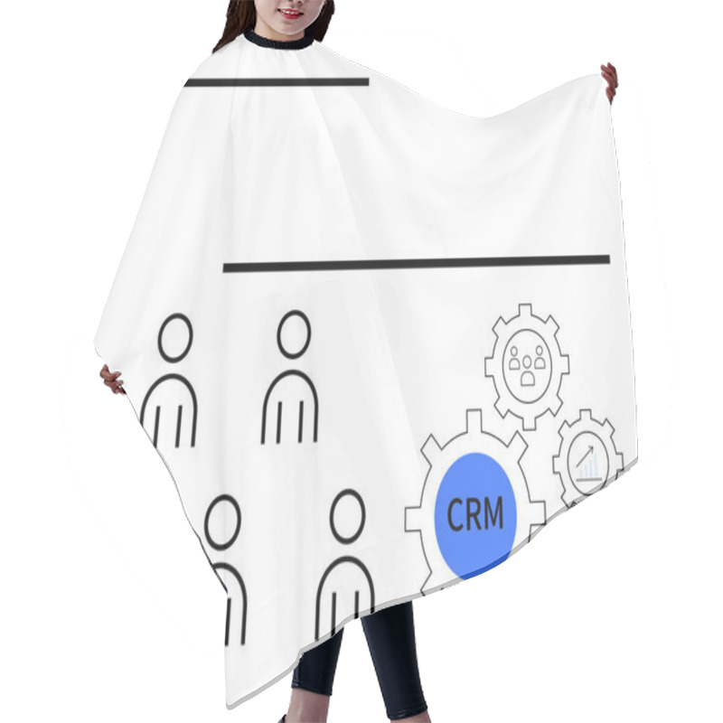 Personality  Simple Stick Figures Representing Users Gears Symbolizing CRM Integration, And Analytic Symbols. Ideal For Business, CRM, Teamwork, User Management, Analytics, Efficiency, Technology. Line Metaphor Hair Cutting Cape