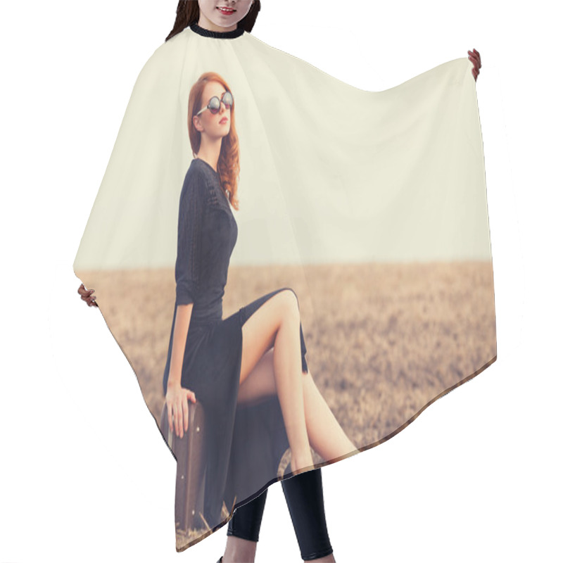 Personality  Fashion Redhead Women With Suitcase At Autumn Field Hair Cutting Cape