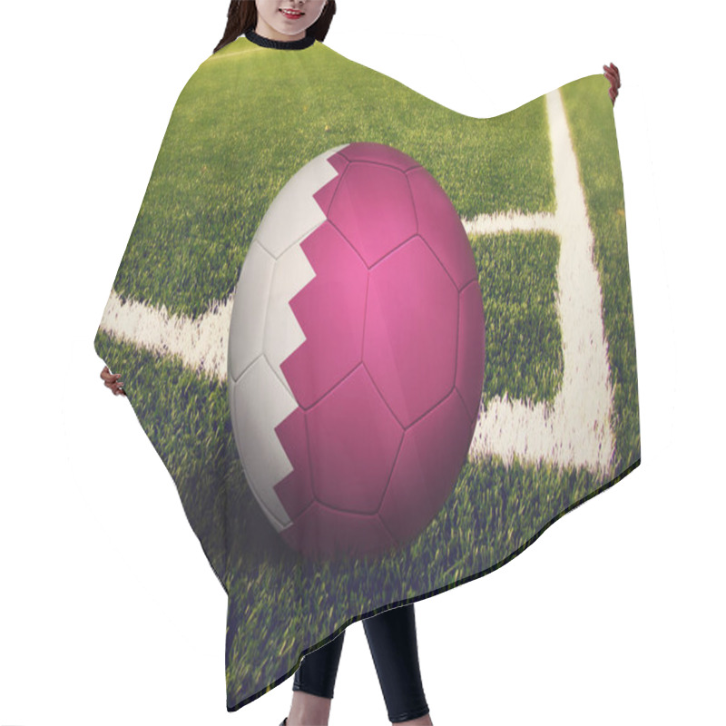 Personality  Qatar Flag On Ball At Corner Kick Position, Soccer Field Background. National Football Theme On Green Grass. Hair Cutting Cape