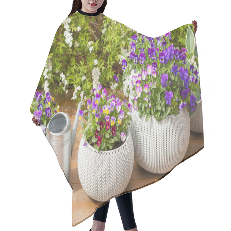 Personality  Beautiful Pansy Summer Flowers In Flowerpots In Garden Hair Cutting Cape