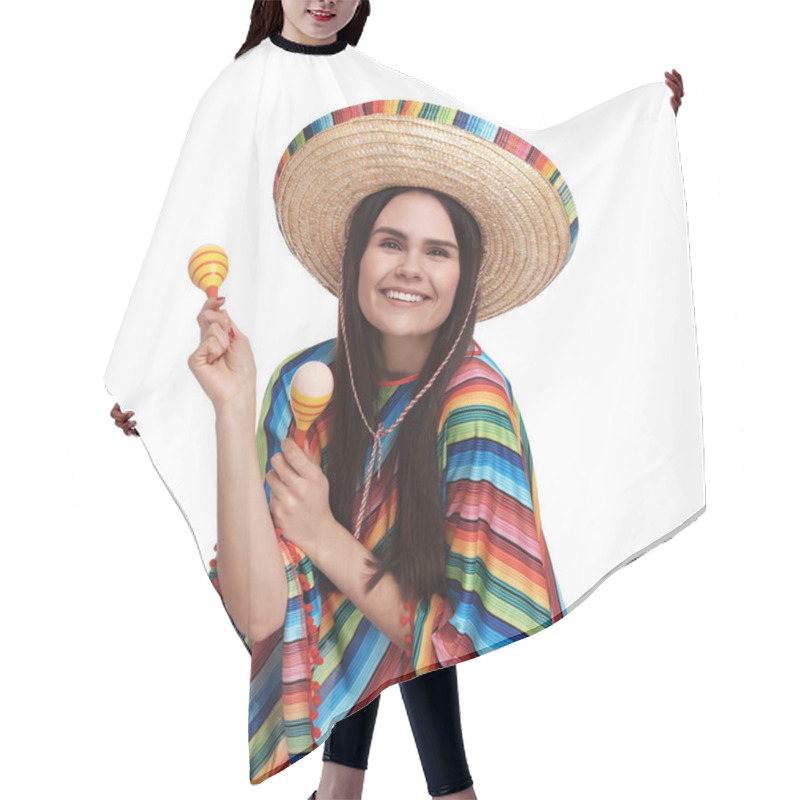 Personality  Young Woman In Mexican Sombrero Hat And Poncho With Maracas On White Background Hair Cutting Cape