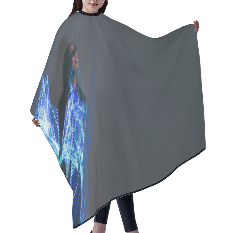 Personality  African American Woman In Smart Glasses Standing Near Abstract Projection On Grey Background, Banner  Hair Cutting Cape