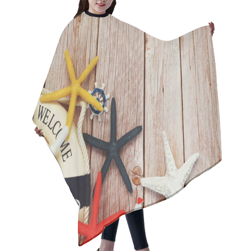 Personality  Marine Items Nautical Decoration With Space Copy On Wooden Background Hair Cutting Cape