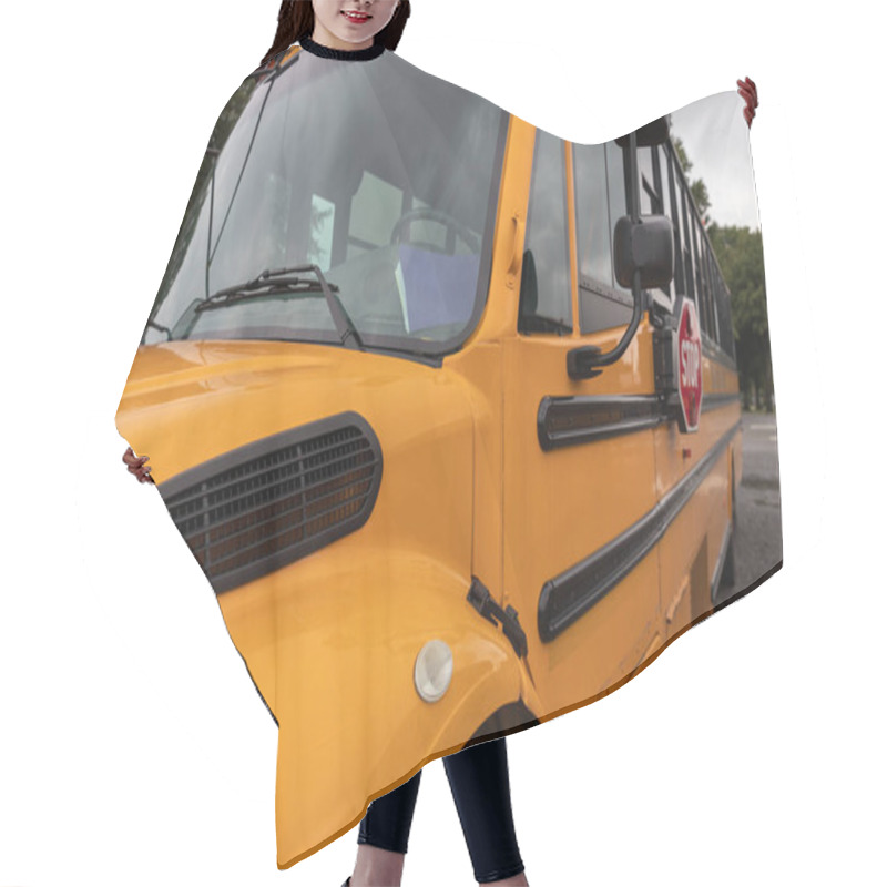 Personality  Side View Of Big Yellow School Bus Used To Transport Children Hair Cutting Cape