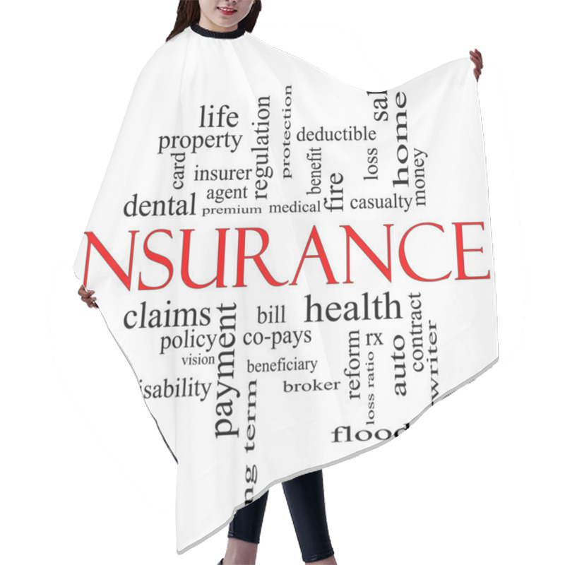 Personality  Insurance Word Cloud Concept In Red And Black Hair Cutting Cape