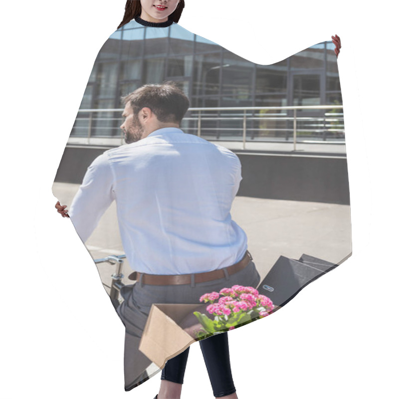 Personality  Rear View Of Young Manager Riding On Bicycle With Box On Trunk Hair Cutting Cape