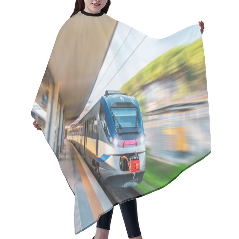 Personality  Express Commuter Suburban Train Passing Through The Passenger Station Hair Cutting Cape