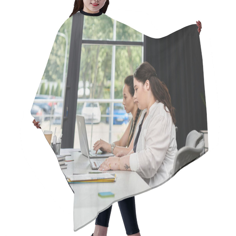 Personality  Two Elegant Businesswomen Work Diligently On Laptops In A Stylish Office Setting. Hair Cutting Cape