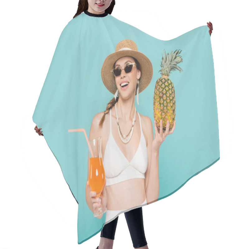 Personality  Cheerful Woman In Sunglasses Holding Pineapple And Cocktail Isolated On Blue  Hair Cutting Cape