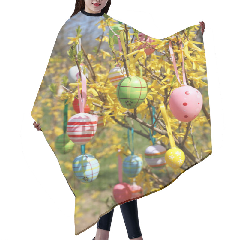 Personality  Beautifully Painted Easter Eggs Hanging On Tree Outdoors, Closeup Hair Cutting Cape