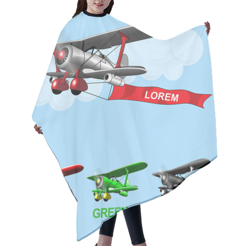 Personality  Old Airplane Model Flying In The Sky With Clouds, Silver, Green And Black Set Collection Over Blue Background. Digital Vector Image. Hair Cutting Cape