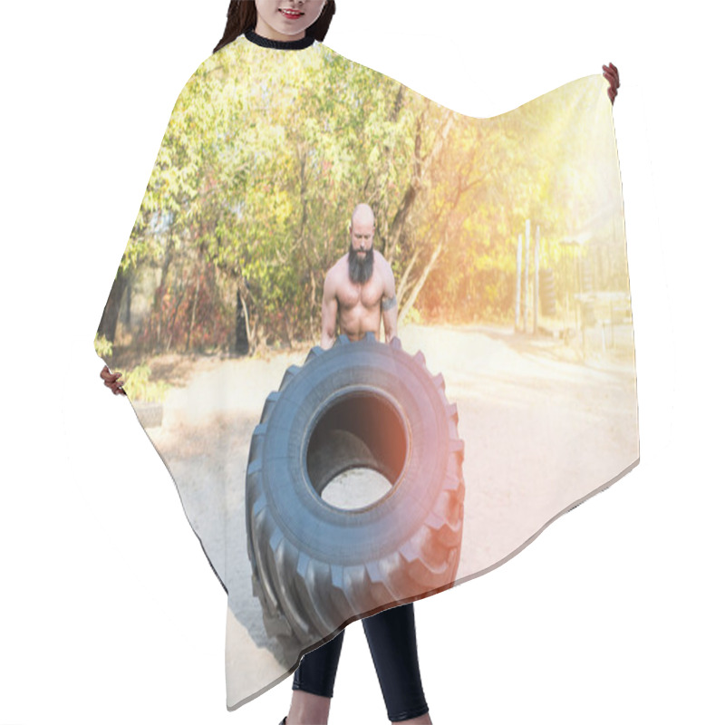 Personality  Sportsman Exercising With Tire Hair Cutting Cape