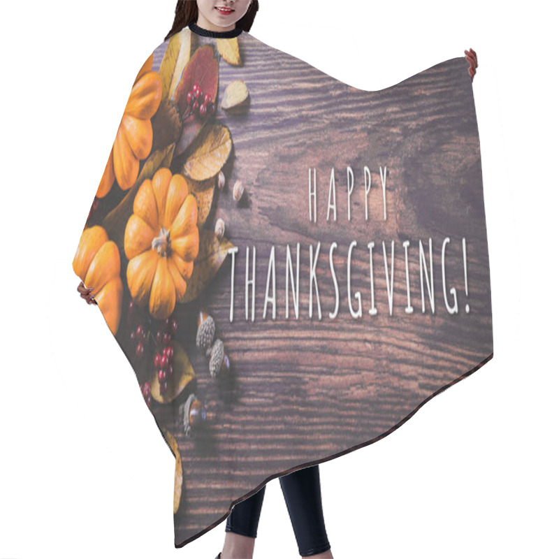 Personality  Thanksgiving Background Decoration From Dry Leaves And Pumpkin On  Wooden Background. Flat Lay, Top View With Thanksgiving Text. Hair Cutting Cape