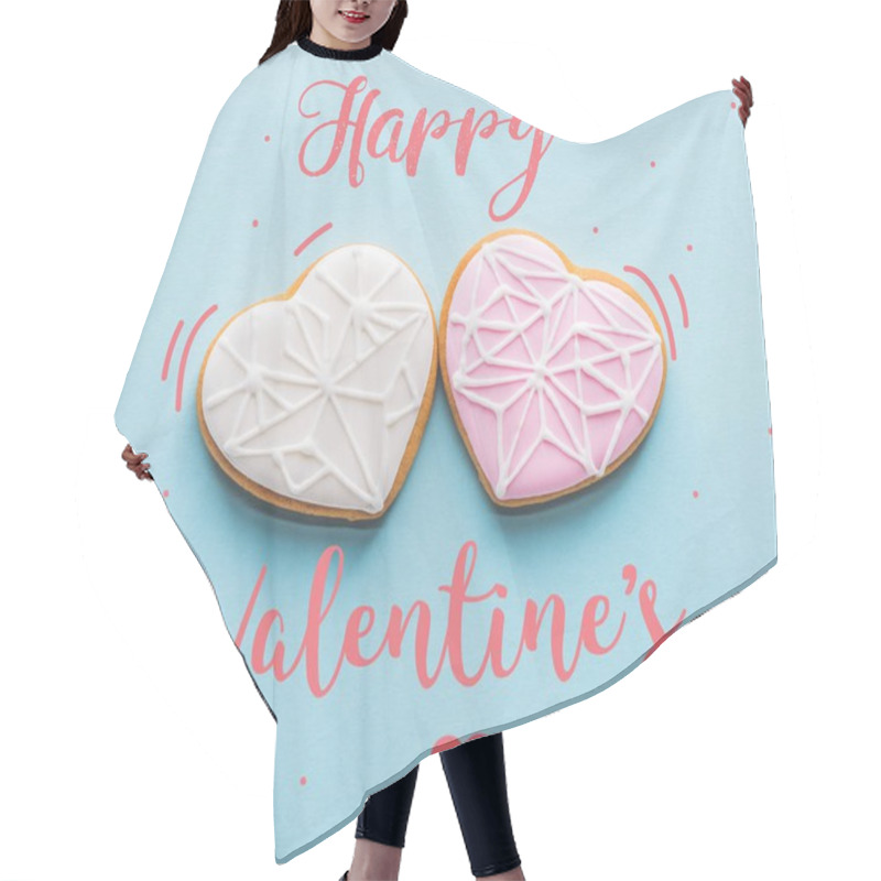 Personality  Top View Of Two Glazed Heart Shaped Cookies Isolated On Blue, St Valentines Day Holiday Concept Hair Cutting Cape