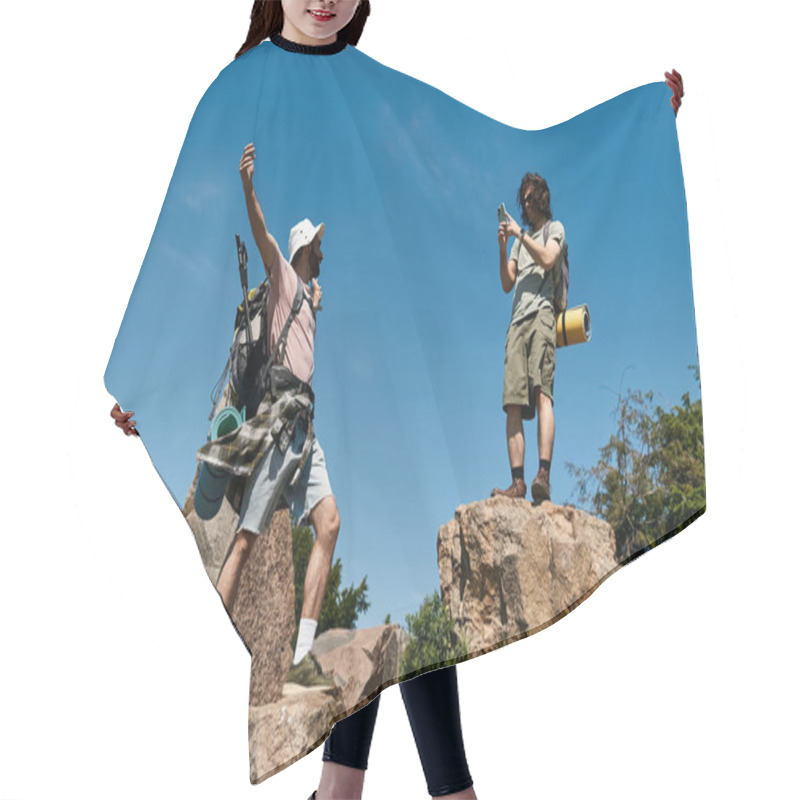 Personality  A Young Gay Couple Celebrates Reaching A Mountain Peak During A Summer Hike. Hair Cutting Cape