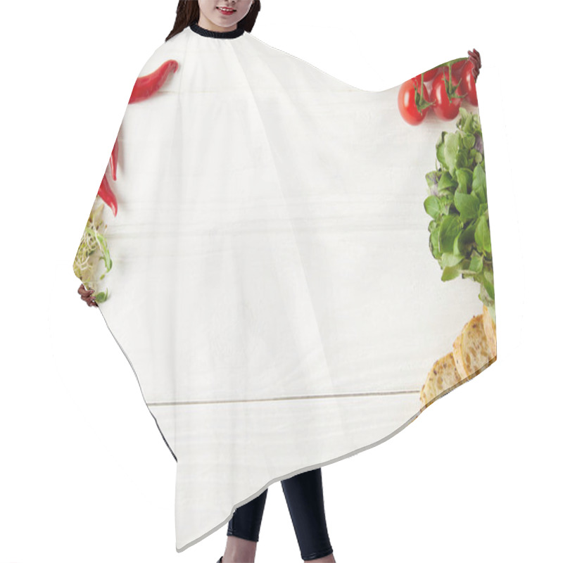 Personality  Top View Of Ingredients For Tasty Sandwich On White Wooden Surface Hair Cutting Cape