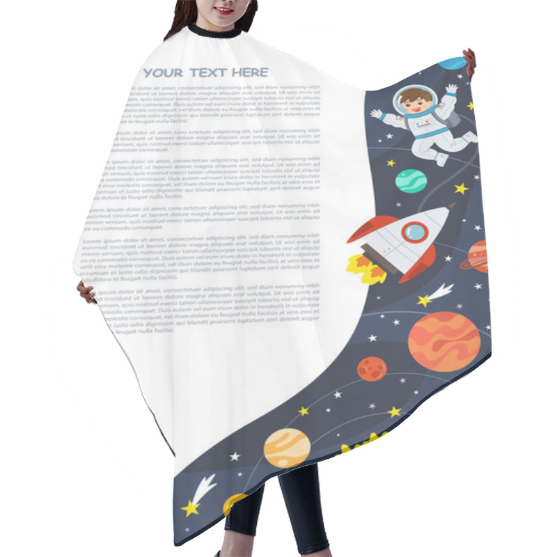 Personality  Astronaut In Cosmos With Spaceship Stars And Planets, Spaceman In Galaxy. Space Scenes. Science Education Concept. Template For Advertising Brochure. Hair Cutting Cape